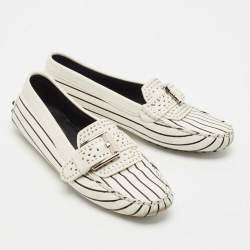 Tod's White/Black Stripe Print Leather Studded Buckle Slip On Loafers Size 39.5