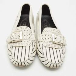 Tod's White/Black Stripe Print Leather Studded Buckle Slip On Loafers Size 39.5