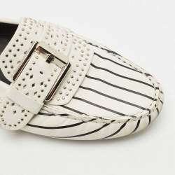 Tod's White/Black Stripe Print Leather Studded Buckle Slip On Loafers Size 39.5