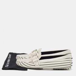 Tod's White/Black Stripe Print Leather Studded Buckle Slip On Loafers Size 39.5