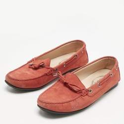 Tod's Red Nubuck Leather Bow Slip On Loafers Size 39.5