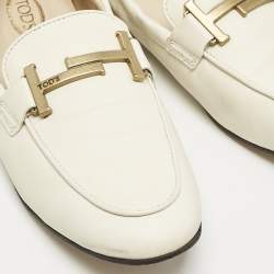 Pre Owned Tod's Cream Leather Double T Loafers Size 37.5