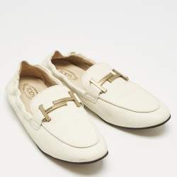 Pre Owned Tod's Cream Leather Double T Loafers Size 37.5