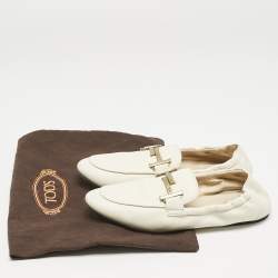 Pre Owned Tod's Cream Leather Double T Loafers Size 37.5