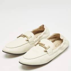 Pre Owned Tod's Cream Leather Double T Loafers Size 37.5