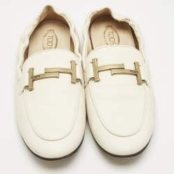 Pre Owned Tod's Cream Leather Double T Loafers Size 37.5