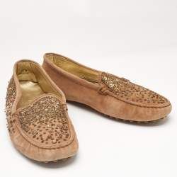 Pre Owned Tod's Brown Suede Crystal Embellished Driver Loafers Size 37.5