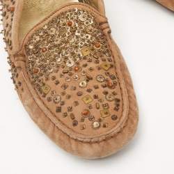 Pre Owned Tod's Brown Suede Crystal Embellished Driver Loafers Size 37.5