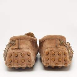 Pre Owned Tod's Brown Suede Crystal Embellished Driver Loafers Size 37.5