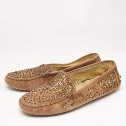 Pre Owned Tod's Brown Suede Crystal Embellished Driver Loafers Size 37.5