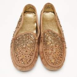 Pre Owned Tod's Brown Suede Crystal Embellished Driver Loafers Size 37.5