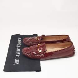 Tod's Burgundy Patent Leather Safety Pin Detail Fringe Loafers Size 37.5