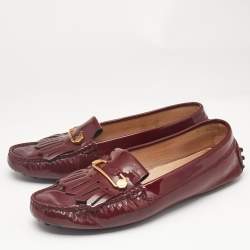 Tod's Burgundy Patent Leather Safety Pin Detail Fringe Loafers Size 37.5