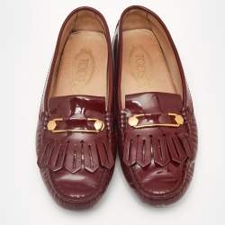 Tod's Burgundy Patent Leather Safety Pin Detail Fringe Loafers Size 37.5