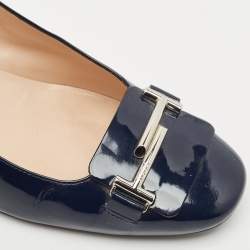 Tod's Navy Blue Patent Leather Block Heel Loafer Pumps Size 39.5
