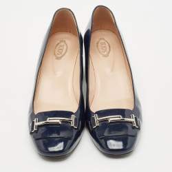 Tod's Navy Blue Patent Leather Block Heel Loafer Pumps Size 39.5