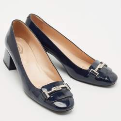 Tod's Navy Blue Patent Leather Block Heel Loafer Pumps Size 39.5