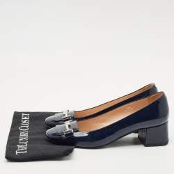 Tod's Navy Blue Patent Leather Block Heel Loafer Pumps Size 39.5