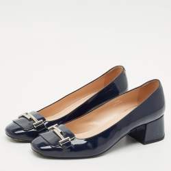 Tod's Navy Blue Patent Leather Block Heel Loafer Pumps Size 39.5
