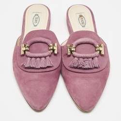 Tod's Purple Nubuck Leather Tassel Detail Mules Size 39.5