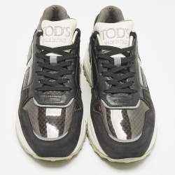 Tod's Black/Grey Perforated Leather and Patent Low Top Sneakers Size 39.5