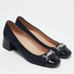 Tod's Navy Blue/Black Suede and Leather Double T Court Loafer Pumps Size 39.5