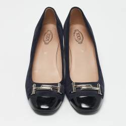 Tod's Navy Blue/Black Suede and Leather Double T Court Loafer Pumps Size 39.5