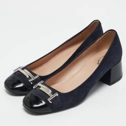 Tod's Navy Blue/Black Suede and Leather Double T Court Loafer Pumps Size 39.5
