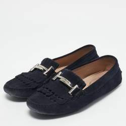 Tod's Navy Blue Suede Bit Fringe Loafers Size 39,5