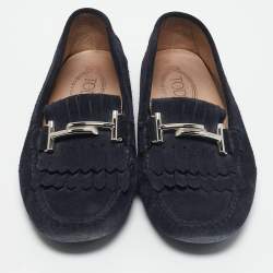 Tod's Navy Blue Suede Bit Fringe Loafers Size 39,5