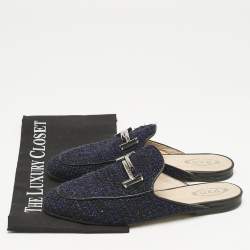 Pre Owned Tod's Navy Blue/Black Tweed and Leather Double T Flat Mules Size 37
