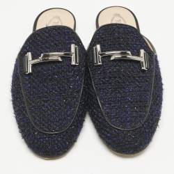 Pre Owned Tod's Navy Blue/Black Tweed and Leather Double T Flat Mules Size 37