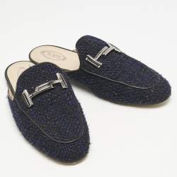 Pre Owned Tod's Navy Blue/Black Tweed and Leather Double T Flat Mules Size 37