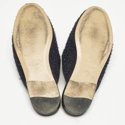 Pre Owned Tod's Navy Blue/Black Tweed and Leather Double T Flat Mules Size 37