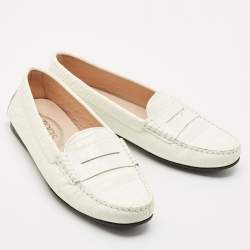 Tod's White Croc Embossed Leather Penny Slip On Loafers Size 38