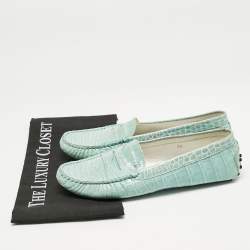 Tod's Seafoam Green Croc Embossed Leather Slip On Loafers Size 38