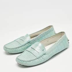Tod's Seafoam Green Croc Embossed Leather Slip On Loafers Size 38