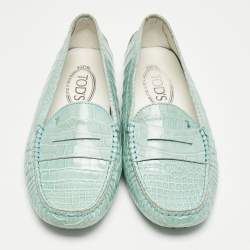 Tod's Seafoam Green Croc Embossed Leather Slip On Loafers Size 38