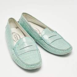 Tod's Seafoam Green Croc Embossed Leather Slip On Loafers Size 38