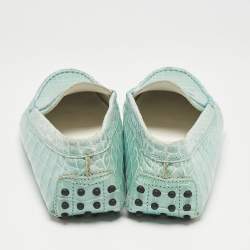 Tod's Seafoam Green Croc Embossed Leather Slip On Loafers Size 38