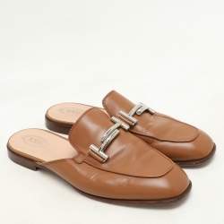 Tod's Brown Leather Double T Flat Mules Size 38.5