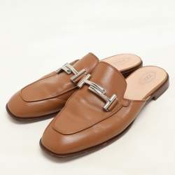 Tod's Brown Leather Double T Flat Mules Size 38.5