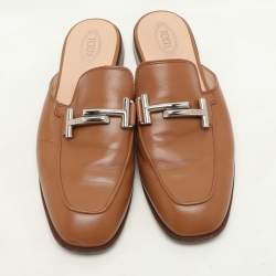 Tod's Brown Leather Double T Flat Mules Size 38.5