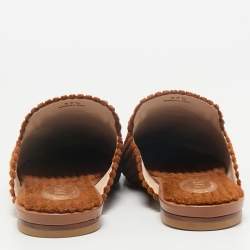 Tod's Brown Corduroy Fabric Chain Detail Flat Mules Size 37.5