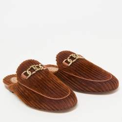 Tod's Brown Corduroy Fabric Chain Detail Flat Mules Size 37.5