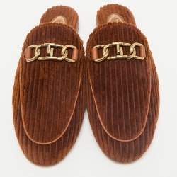 Tod's Brown Corduroy Fabric Chain Detail Flat Mules Size 37.5