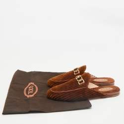 Tod's Brown Corduroy Fabric Chain Detail Flat Mules Size 37.5