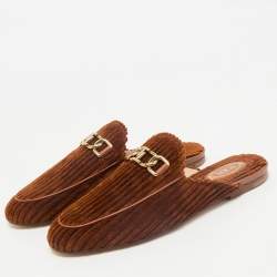 Tod's Brown Corduroy Fabric Chain Detail Flat Mules Size 37.5