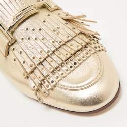 Tod's Gold Metallic Leather Double T Studded Fringe Flat Mules Size 37.5