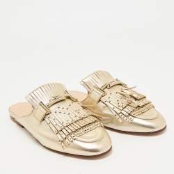 Tod's Gold Metallic Leather Double T Studded Fringe Flat Mules Size 37.5